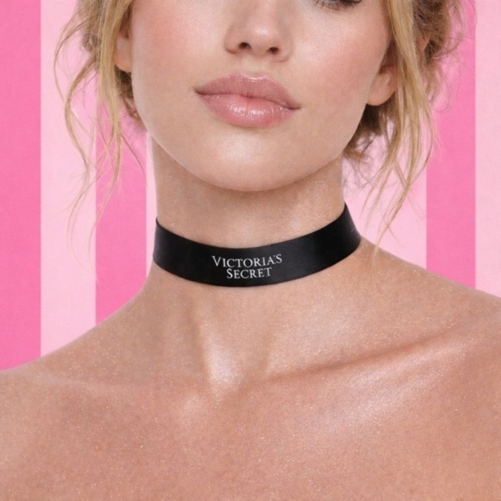 RARE Vintage Victorias Secret Black Satin Logo Choker Necklace One Size